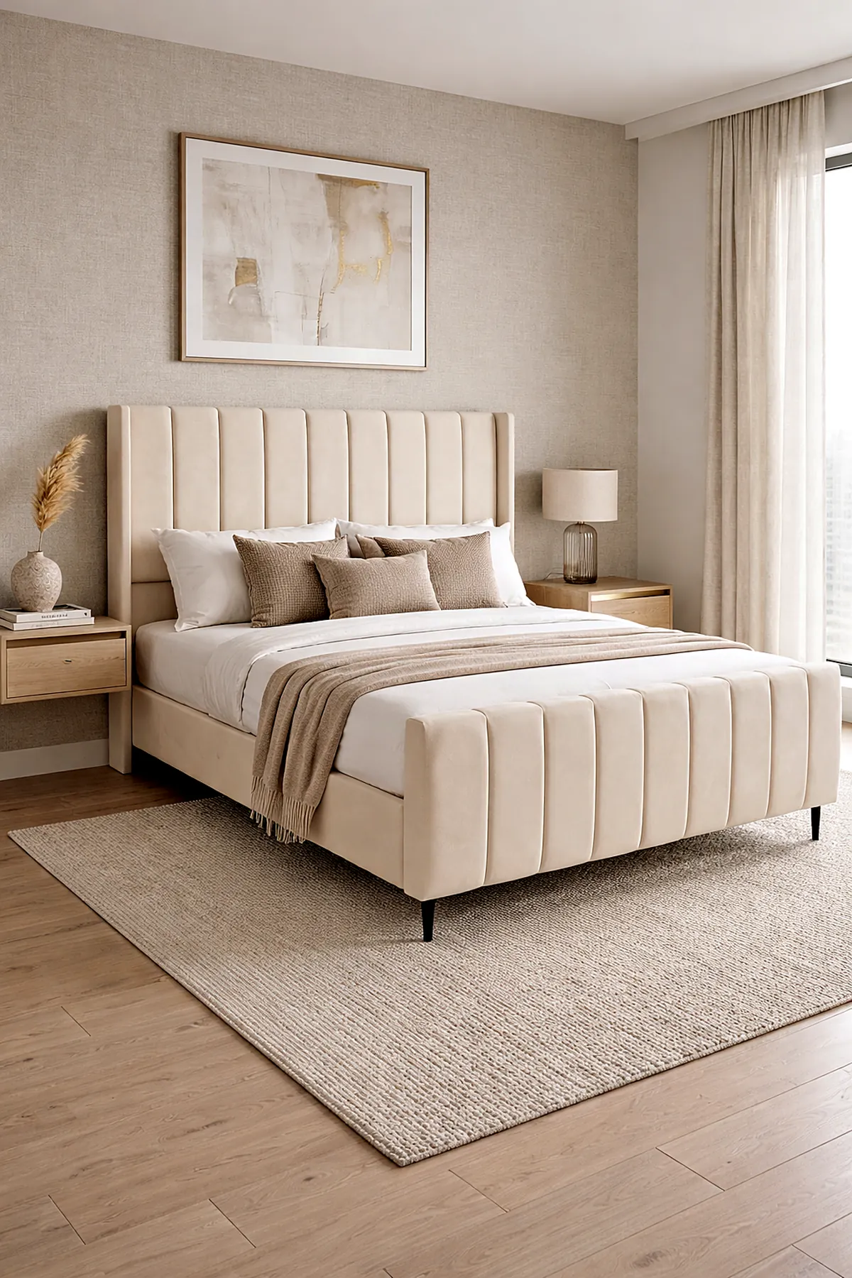 Combo Nova Confort: cama Majestic tapizada color crema con colchón