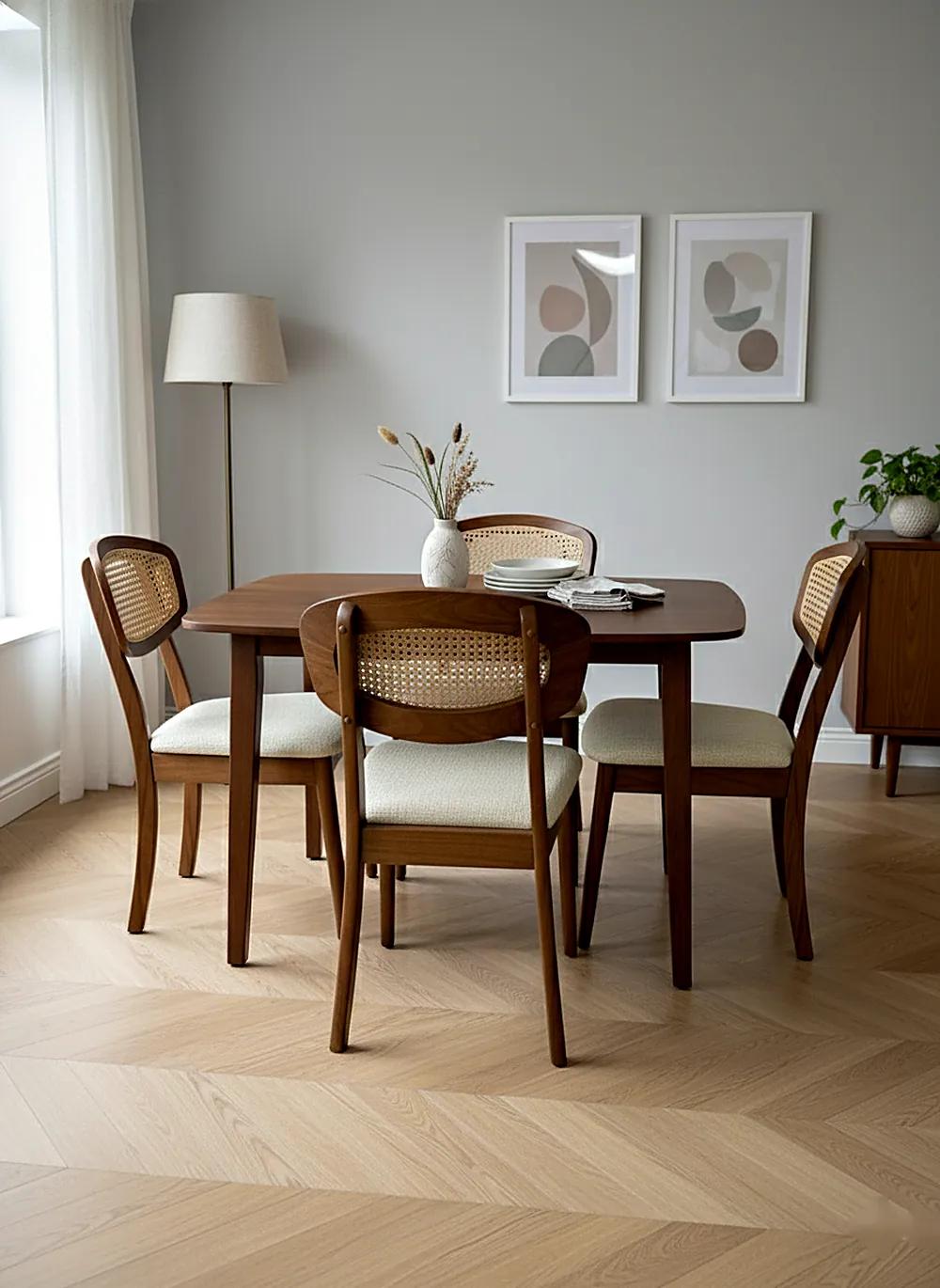 Comedor de 4 sillas en madera y ratán