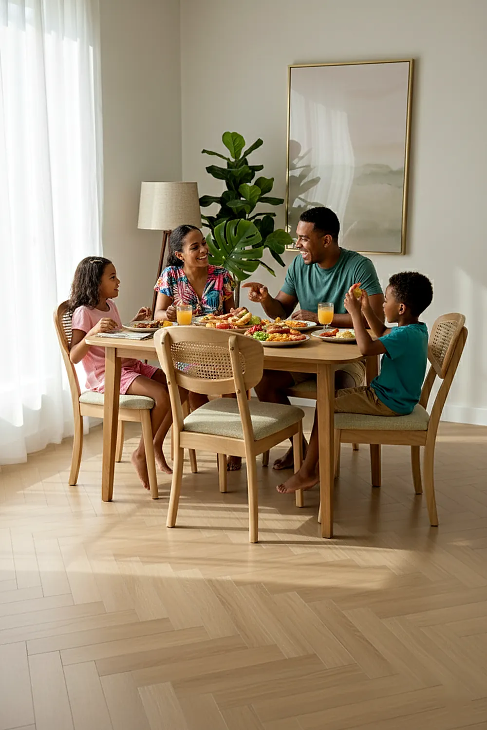 Familia compartiendo en un comedor de madera clara