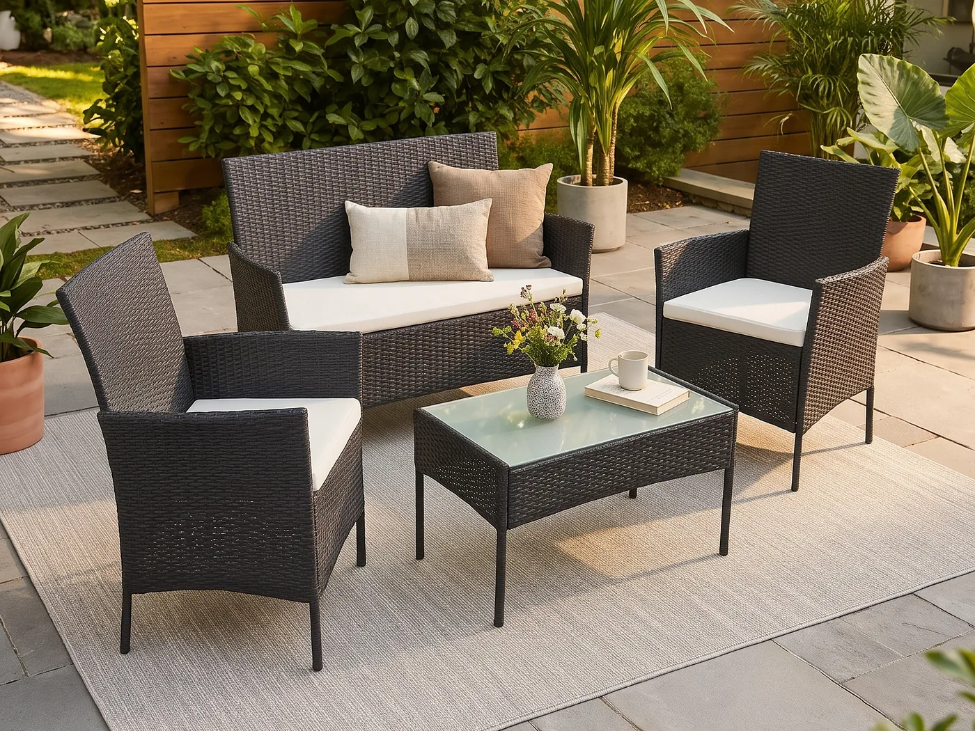 Juego de terraza en ratán con sofá, dos butacas y mesa de vidrio
